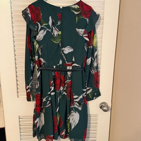eShakti Green Floral Fit & Flare Dress Ruffle Faux Leather Belt 1X Dark Romantic - Picture 8 of 16